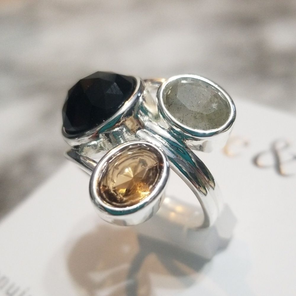 Fine Silver Plated Onyx, Labradorite, and Smoky Quartz Ring Size 8
